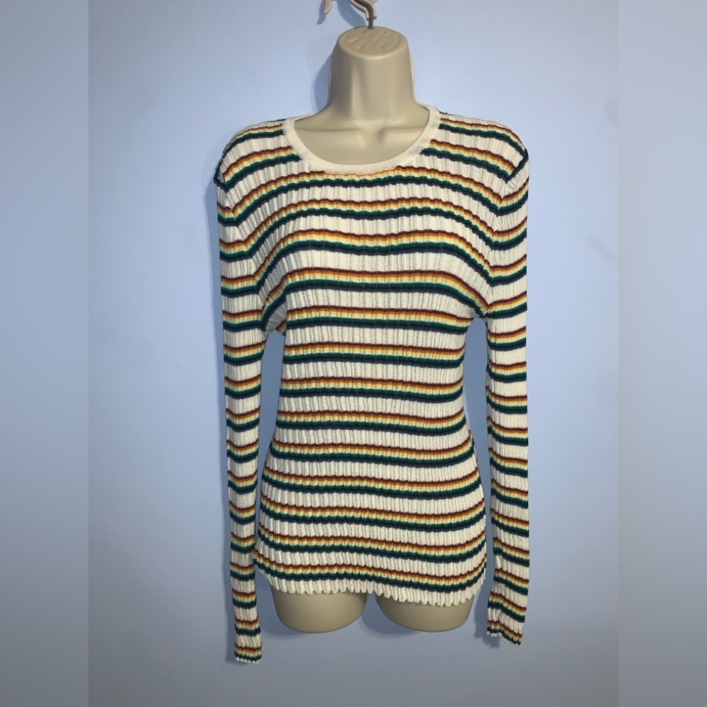 Forever 21 Multicolor warm rainbow Striped ribbed long sleeve thin crew neck 3x